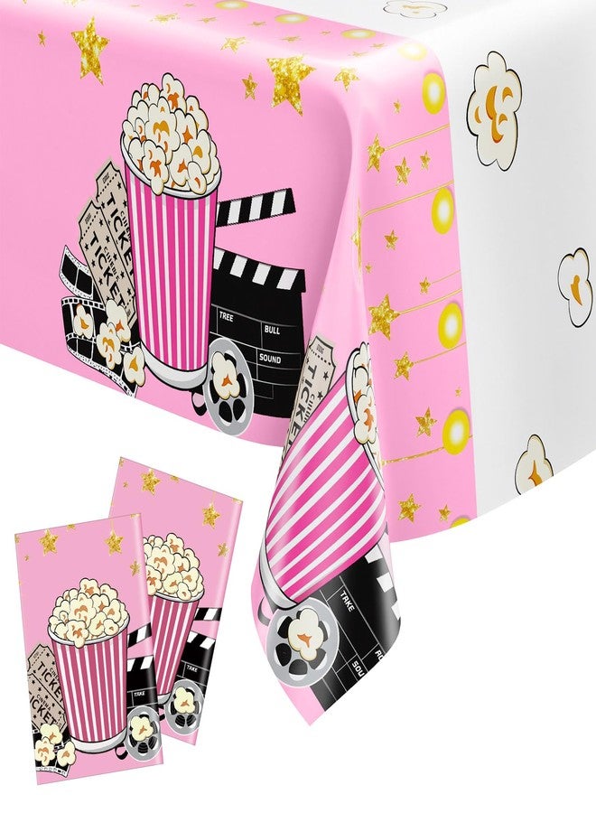 Remagr 2 Pack Pink Movie Night Tablecloth Plastic Table Covers Theater Popcorn Table Cloth Disposable for Movie Night Film Festival Birthday Party Supplies Decorations 54 x 108 Inch - Image 1